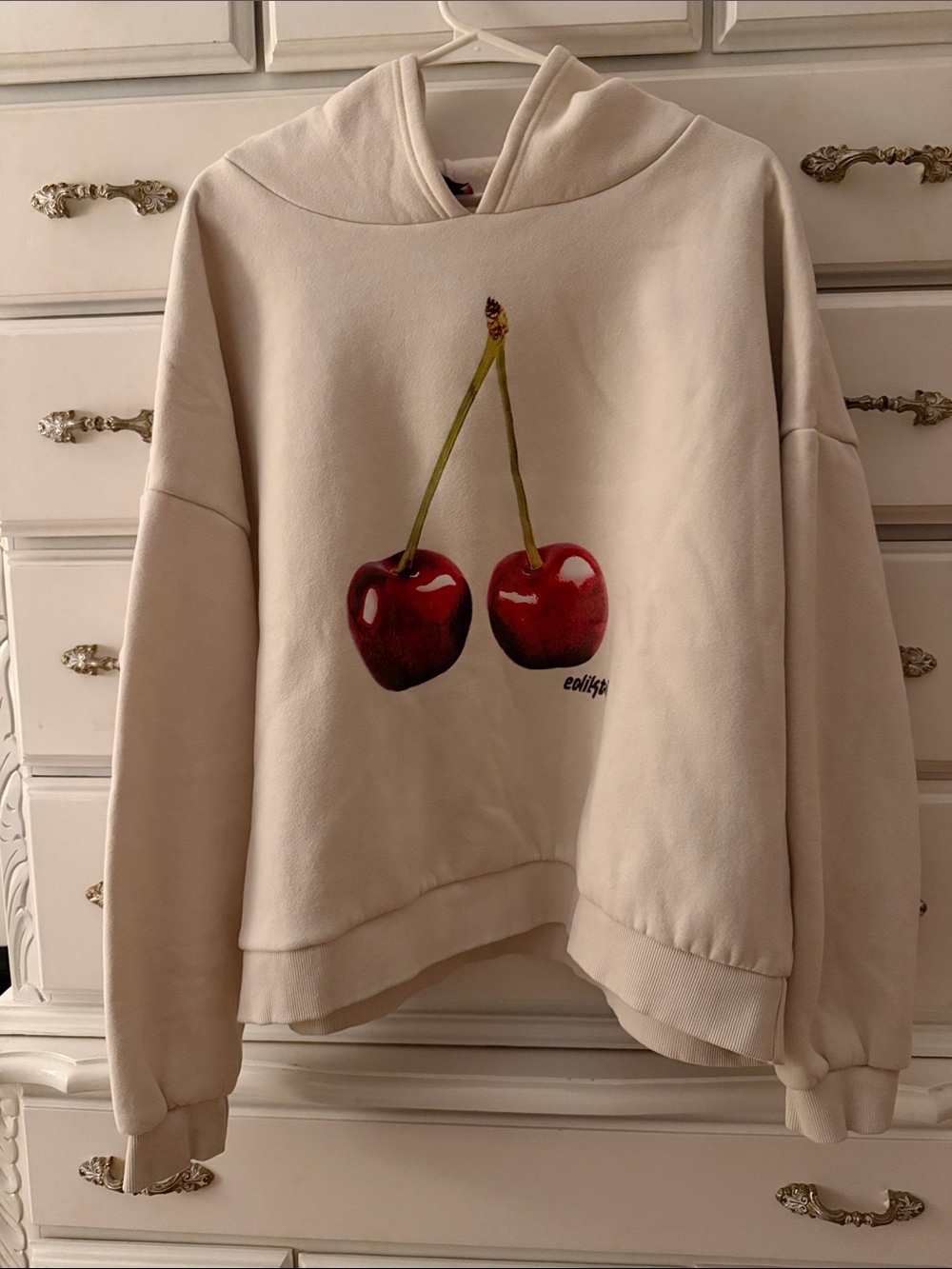 Edikted Mon Cheri Cream Hoodie with Red Cherry Graphic